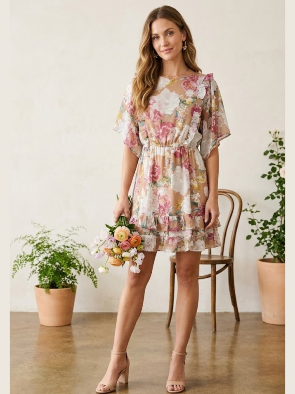 SWEET LEMON Romantic Floral Flutter Sleeve Dress Whimsical Wedding Guest Size S